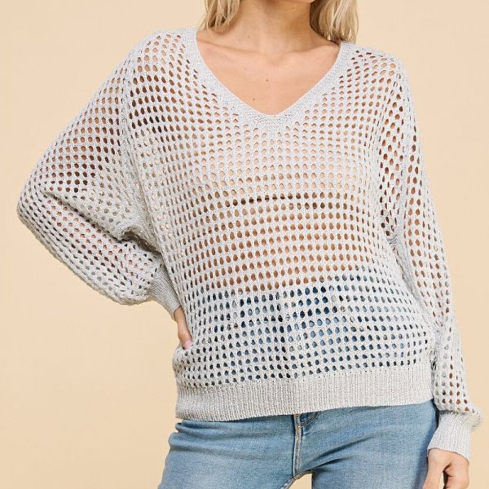 White Silver- Foil Knit V-Neck Sweater